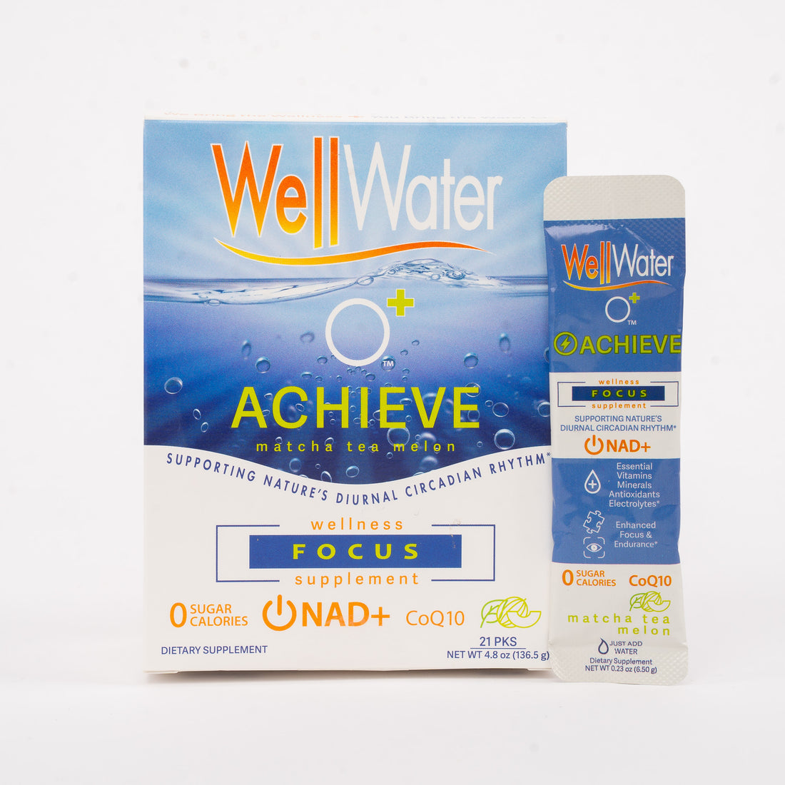 WellWater O+ Achieve front view of product supporting focus and including NAD+