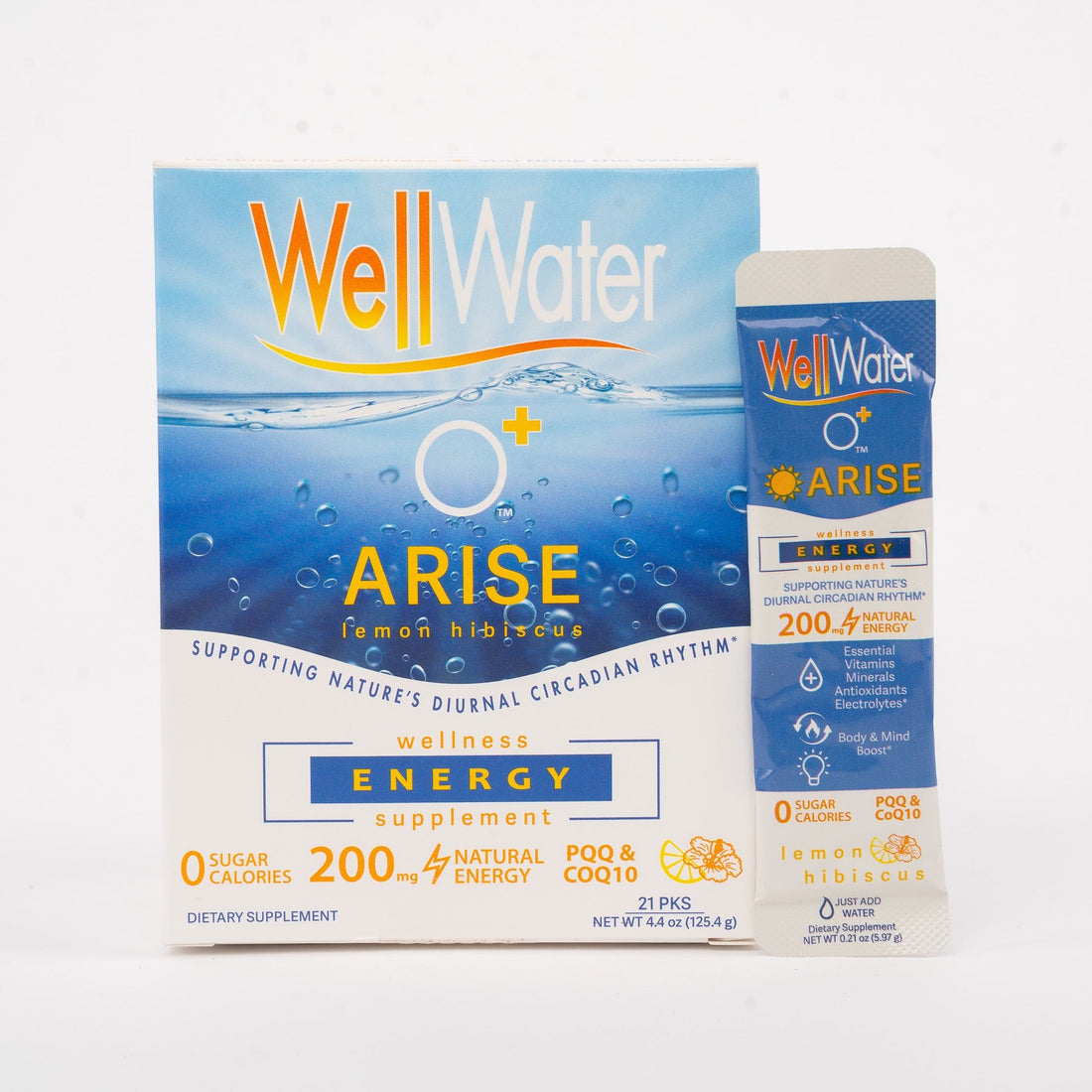 WellWater O+ Arise Product view with natural energy and PQQ and CoQ10